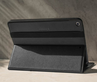 Demonstrating the integrated Stand function of the Black Leather Stand Case for iPad 10.2" 7th, 8th & 9th Generation
