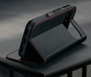 Stand function of the Black with Red Detail Leather Case for Google Pixel 10 Pro XL