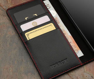 Card slots inside the Black with Red Detail Leather Case for Google Pixel 8a