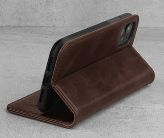 Stand function of the Dark Brown Genuine Leather Stand Case for iPhone 11