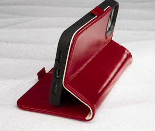Integrated stand function of the Red Leather Leather Folio Stand Case for iPhone 14