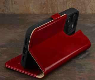 Integrated stand function of the Red Leather Wallet Case for iPhone 15 Pro