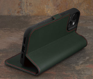 Integrated stand function of the Green with Red Detail Leather Wallet Case for iPhone 15