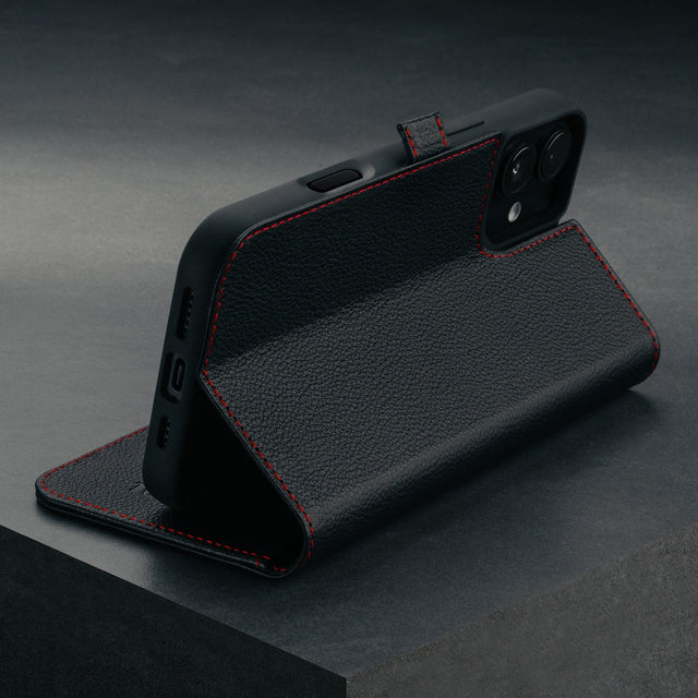 Stand function on the Black with Red Stitching Leather Case for iPhone 16 Plus