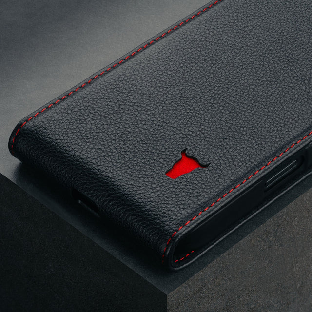 Black with Red Stitching Leather Flip Case for iPhone 16 Pro