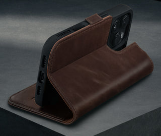 Stand function of the Dark Brown Leather Case for iPhone 16 Pro