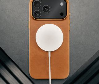 MagSafe charger attached to the Slimline Light Brown / Tan Leather Bumper Case for iPhone 17 Pro Max