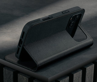 Stand function of the Black Leather Case for iPhone 17 Pro Max