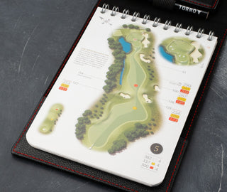 Yardage book in the PRO Edition of the Black with Red Detail Leather Golf Scorecard & Yardage Book Holder