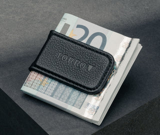 Black Leather Money Clip with Bank Notes