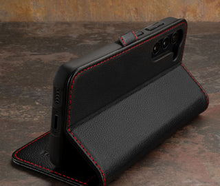 Stand function of the Black with Red Detail Leather Case for Galaxy S23+