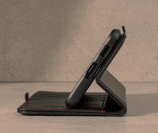 Stand Function on the Black with Red Detail Leather Case for Galaxy S21 Ultra