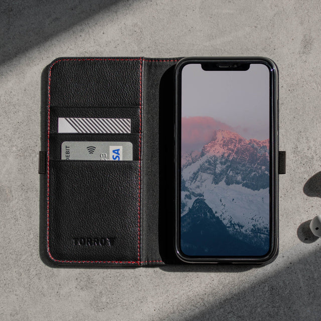 Interior view of the Black Leather (with Red Stitching) Stand Case for iPhone 11 Pro Max