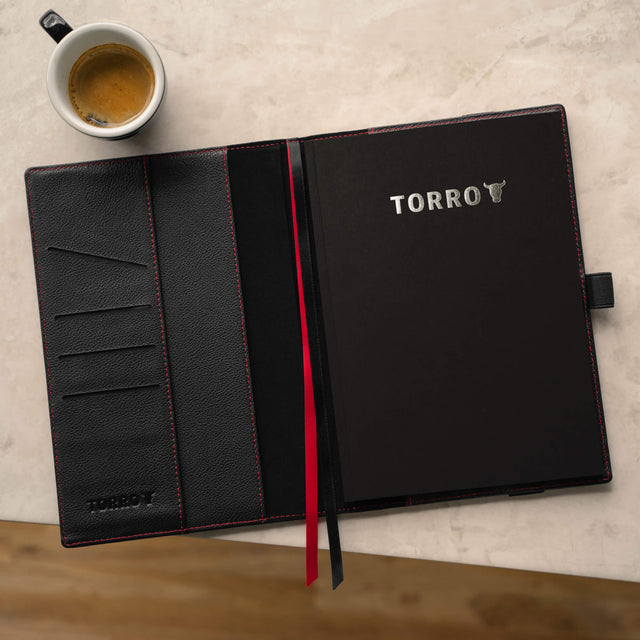 Black Leather (with Red Stitching) A5 Notebook Cover with refill notepad