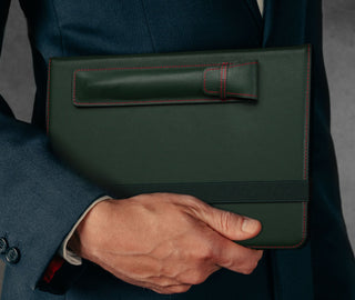 Green with Red Stitching Leather Apple Pencil Case / Sleeve attached to matching iPad case