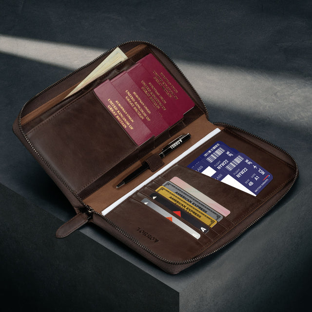 Dark Brown Family Travel Wallet with 4 passports, cards and travel documents