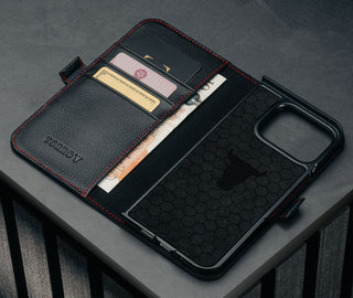 Card slots inside the Black with Red Detail Leather Case for Google Pixel 10 Pro Fold