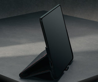 Stand function of the Black with Red Detail Leather Case for Google Pixel 10 Pro Fold