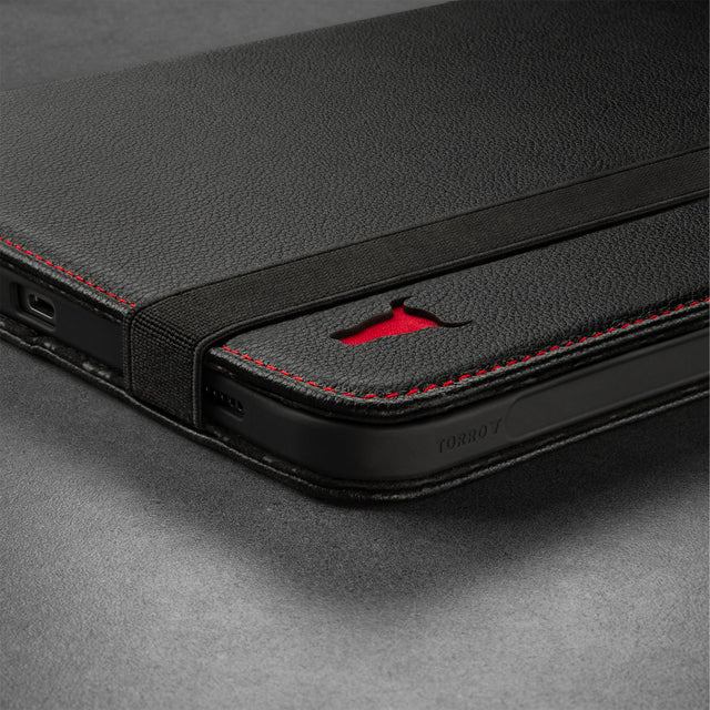 Slim profile of the Black with Red Stitching Leather iPad Case for Apple iPad (10th Gen)