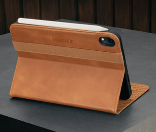 Stand functionality of the Tan Leather Case for iPad Mini 6th Generation (2021)