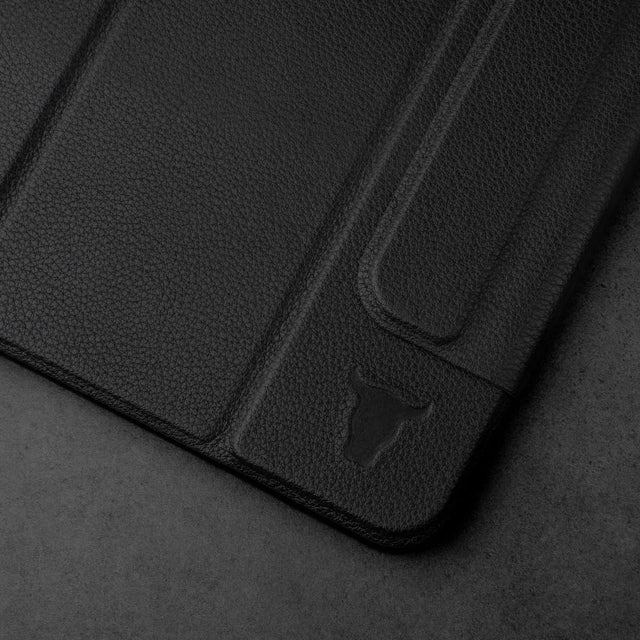 Close up of the TORRO bull head logo on the Black Leather Magnetic Case for iPad Mini 6
