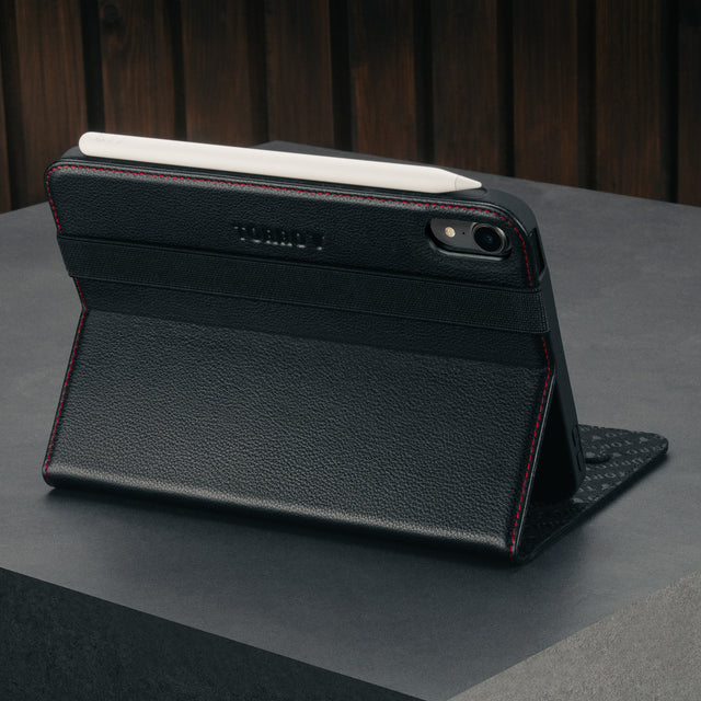 Stand function of the Black with Red Detail Leather Case for Apple iPad Mini 8