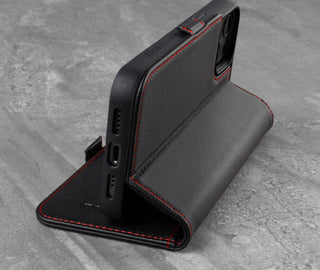 Integrated stand function of the Black Leather (with Red Stitching) Stand Case for iPhone 13 Mini
