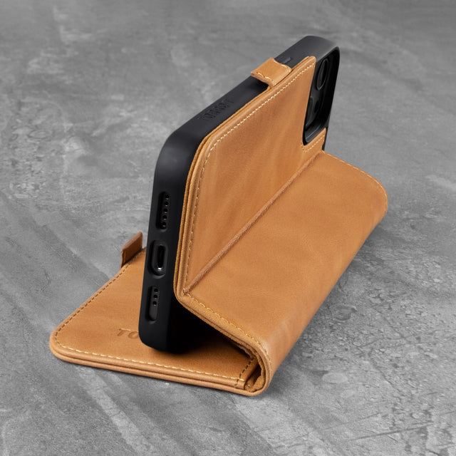 Integrated stand function of the Tan Leather Phone Case for iPhone 13 Pro