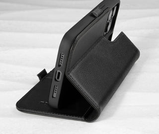 Integrated stand function of the Red Leather Folio Stand Case for iPhone 14 Pro Max