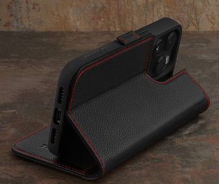 Integrated stand function of the Black with Red Detail Leather Wallet Case for iPhone 15 Pro Max