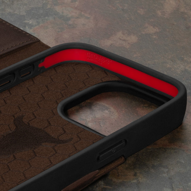 Geometric microfibre lined frame with advanced GEO-AS-3 protection of the Dark Brown Leather Wallet Case for iPhone 15 Pro