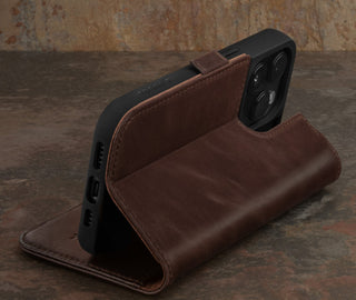 Integrated stand function of the Dark Brown Leather Wallet Case for iPhone 15 Pro
