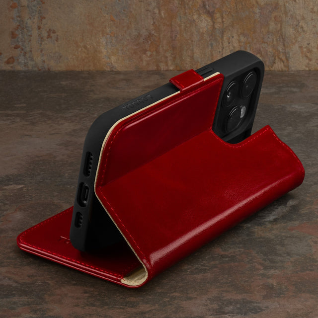 Integrated stand function of the Red Leather Wallet Case for iPhone 15 Pro