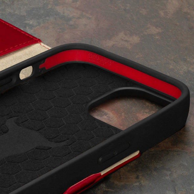 Geometric microfibre lined frame with advanced GEO-AS-3 protection of the Red Leather Wallet Case for iPhone 15
