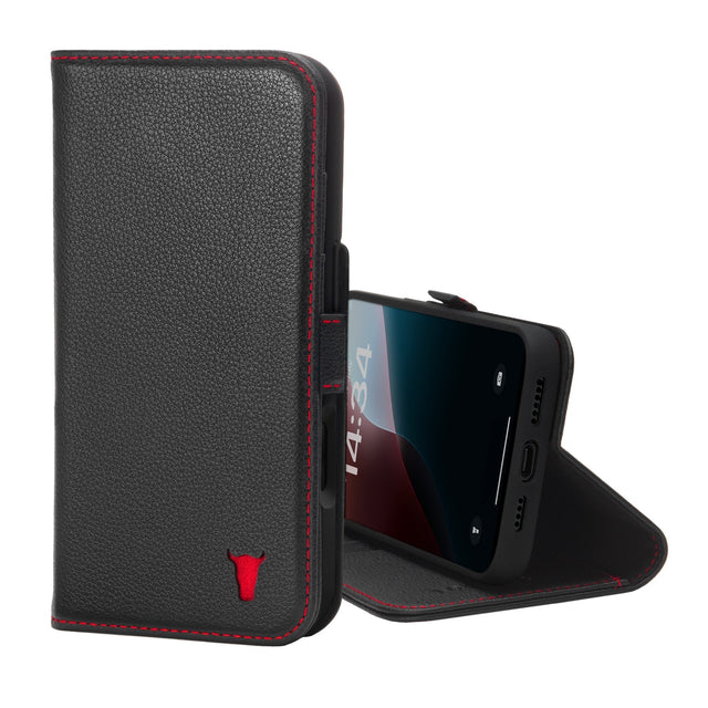 Black with Red Stitching Leather Case for iPhone 16 Plus