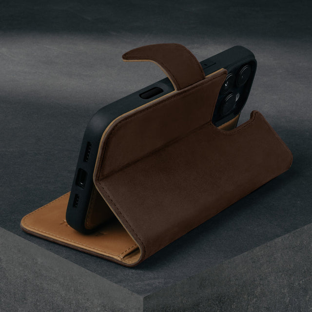 Stand function of the Dark Brown Nubuck Leather Case (with detachable cover) for iPhone 15 Pro Max