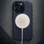 MagSafe charger attached to the Blue Leather Slimline Bumper Case for iPhone 16 Pro Max