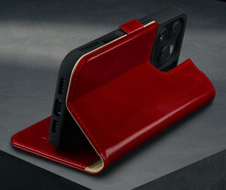 Stand function of the Red Leather Case for iPhone 16 Pro