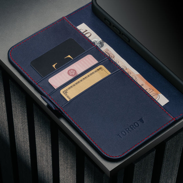 Cardholder inside the Navy Blue Leather Case for iPhone 17 Air
