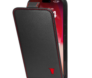 Black with Red Stitching Leather Flip Case for iPhone 17 Pro