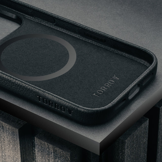Microfibre lining in the Slimline Black Leather Bumper Case for iPhone 17 Pro Max