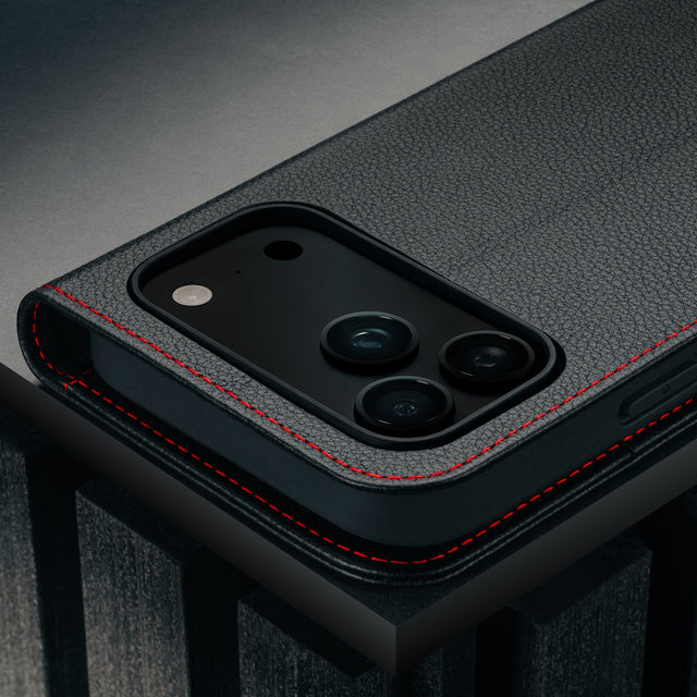 Camera cutout on the Black Leather Case (with Red Stitching) for iPhone 17 Pro Max