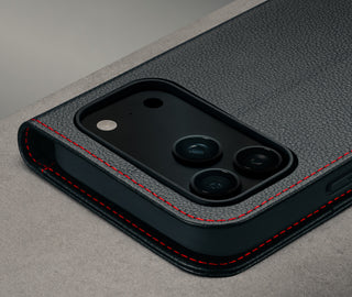 Camera cutout on the Black Leather Case (with Red Stitching) for iPhone 17 Pro