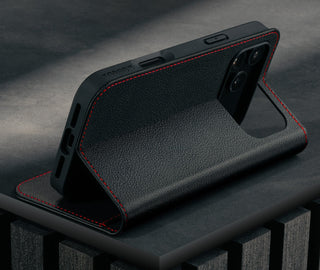 Stand function of the Black Leather Case (with Red Stitching) for iPhone 17 Pro