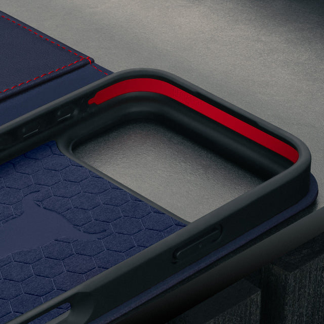 Microfibre lined frame of the Navy Blue Leather Case for iPhone 17 Pro