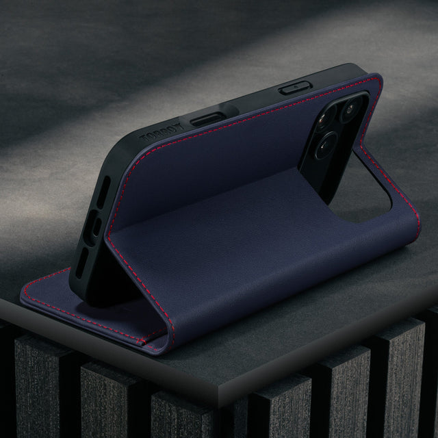 Stand function of the Navy Blue Leather Case for iPhone 17 Pro