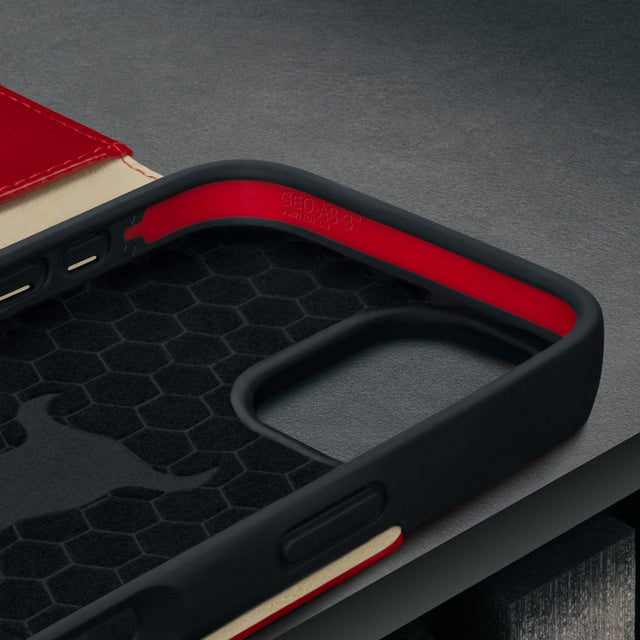 Microfibre lined frame of the Red Leather Case for iPhone 17
