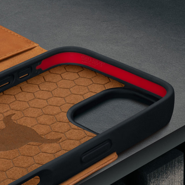 Microfibre lined frame of the Tan Leather Case for iPhone 17