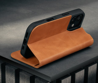 Stand function of the Tan Leather Case for iPhone 17
