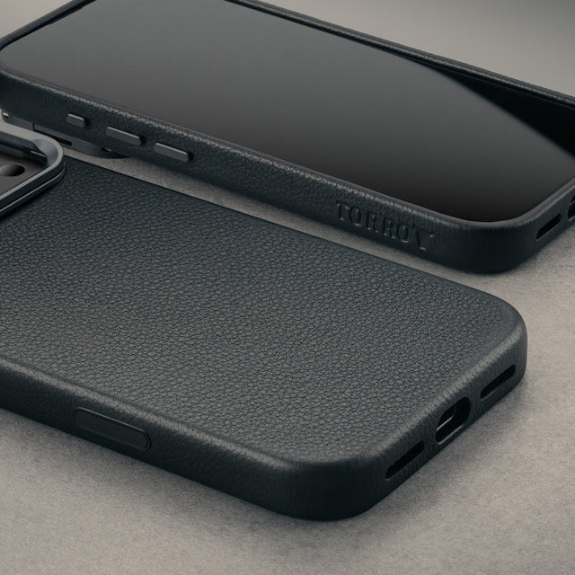 Close up of the Black Leather Bumper Case (with Camera Stand) for iPhone 18 Pro / 17 Pro